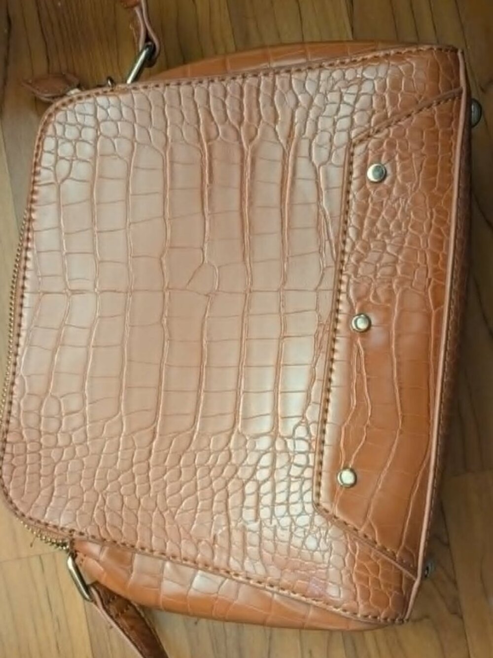 Kayla + Ava Cognac Croc-Embossed Vegan Leather Crossbody Bag